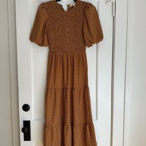 Wayf Mustard, Ruched Floral Tiered Prairie Dress, Size XS